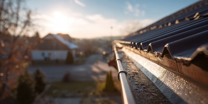 Roof Gutter Inspection After Winter on a Modern Suburban House.