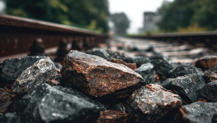 Fototapeta premium Gritty Railway Ballast Stones in Sharp Focus, Tracks Recede into Soft Green Blur.