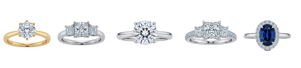 A collection of five diamond rings with various settings and gemstones.