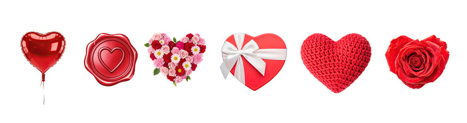 A red heart balloon, a red wax seal, a bouquet of red and pink flowers, a red gift box with a white ribbon, a red knitted heart, and a red rose.