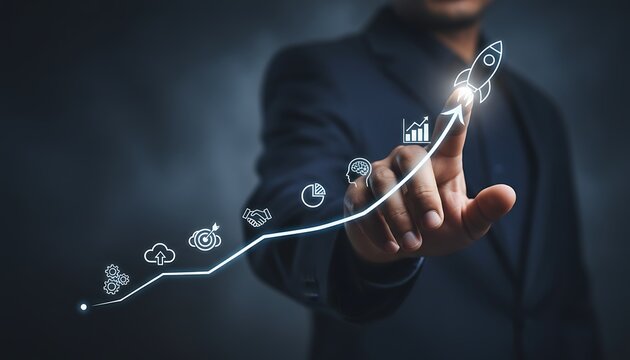 Man's finger tracing a glowing upward graph with rocket icon, representing startup growth, success, and innovation.