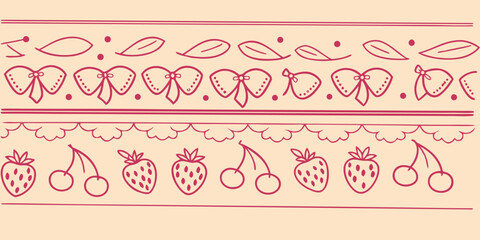 Cute hand-drawn pink seamless borders set with bows, ribbons, strawberries, cherries, and delicate leaves. Girly decorative line art dividers for romantic designs