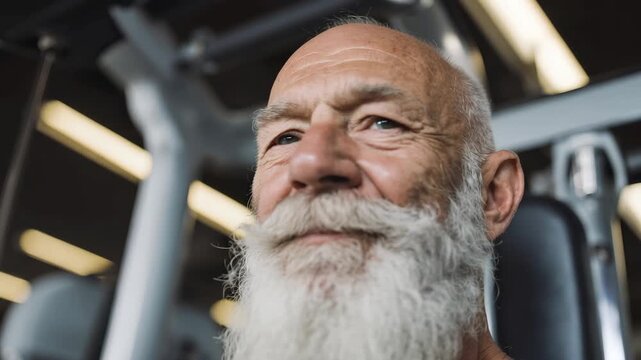Focused elderly man with a beard exercises in a gym, showing determination and strength during an engaging workout session in the morning