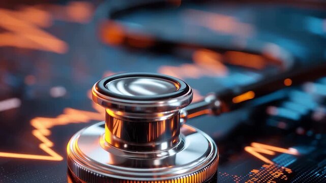 Stethoscope placed on vibrant digital health monitor displaying pulse variations and data patterns in a clinical setting