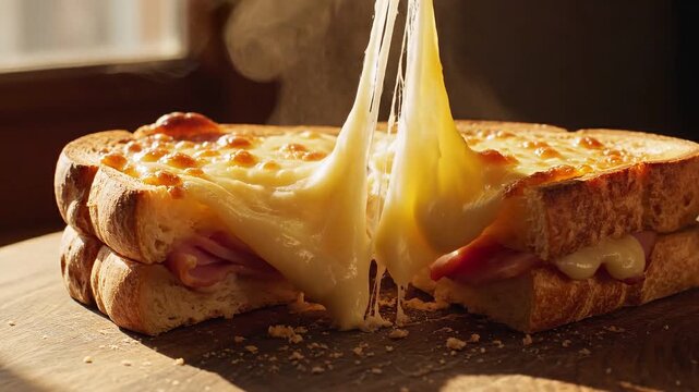 A sharp kitchen knife meticulously slices through a perfectly toasted Croque Monsieur sandwich, creating an irresistible cheese pulled