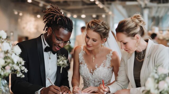 Couple selects wedding details with planner in elegant store during wedding preparation