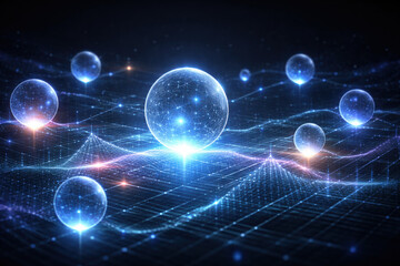 Panoramic aerial view of a futuristic smart city at night featuring illuminated skyscrapers interconnected by a glowing web of blue data lines representing a digital network.