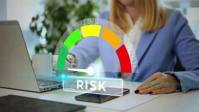 Low risk level management, Female analyst working her laptop, scale animation