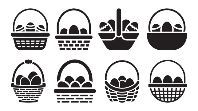 Easter Egg Basket Silhouette Icon Set &ndash; Holiday Vector Illustration. Easter Basket with Eggs Vector Icon Collection &ndash; Spring Holiday Design.
