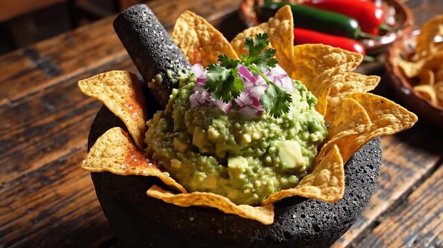 Freshly prepared guacamole is served in a dark volcanic stone molcajete, garnished with red onion and cilantro, sitting on a rustic wooden table 
