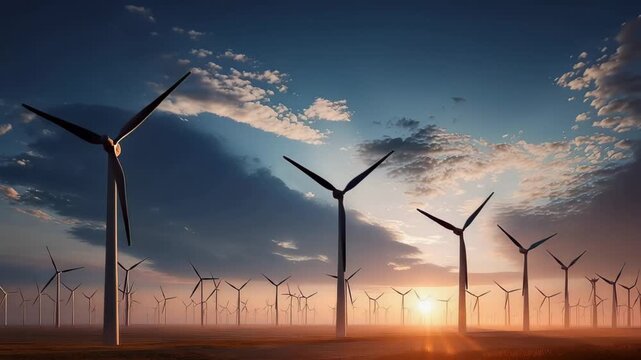 Wind turbines stand in rows against a sunset sky in a large field with clouds in the background during evening hours