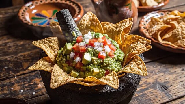 Authentic guacamole prepared with fresh ingredients, served in a traditional volcanic stone molcajete, surrounded by crispy tortilla chips 