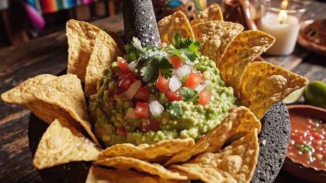 Authentic guacamole served in a traditional volcanic stone molcajete, surrounded by crispy tortilla chips and fresh salsa on a rustic wooden table