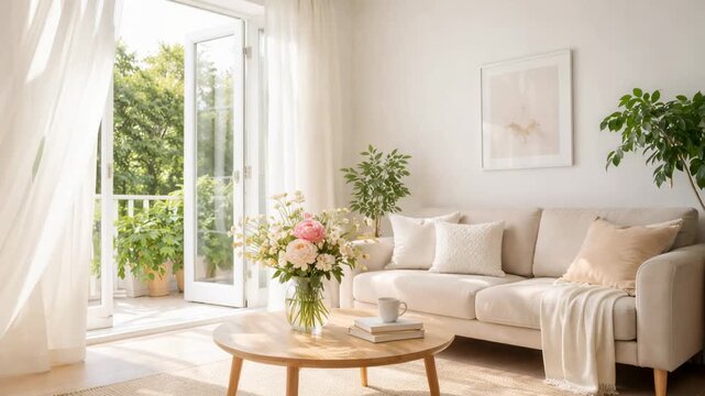 Bright cozy living room with beige sofa, fresh flowers, and open balcony door on sunny spring morning

