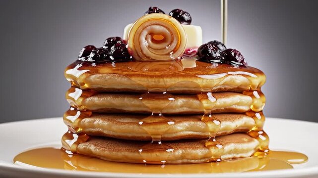 A visually appealing stack of fluffy pancakes is meticulously arranged on a white plate, bathed in soft studio light, as thick golden syrup