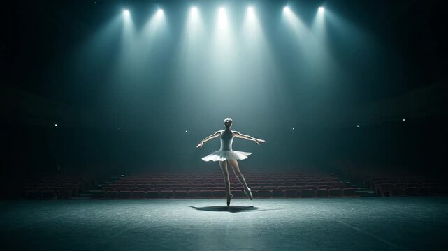 Ballerina dancing alone on stage under dramatic spotlight in empty theater with graceful elegant movement