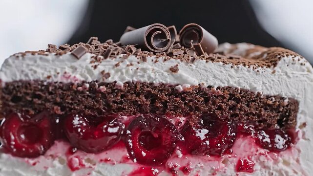 A decadent slice of rich Black Forest cake shows its layers of dark chocolate sponge, sweet cherry filling, and fluffy whipped cream