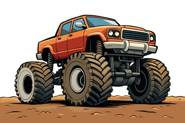 Ultra Realistic Monster Truck Off Road Pickup with Huge Tires on Rocky Terrain. © zixu