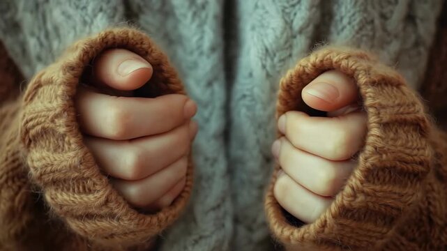 Warm hands tucked into cozy knit sweater during a chilly afternoon in a rustic setting