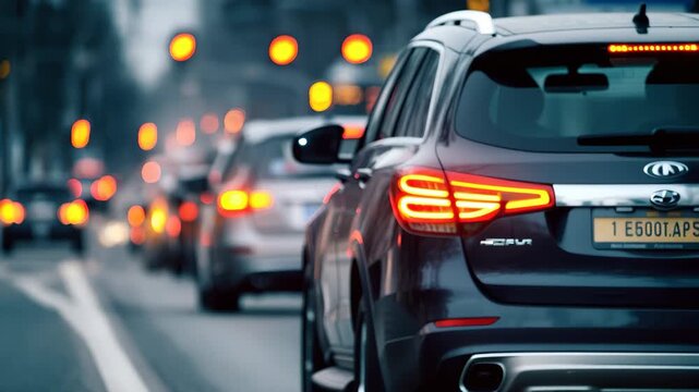 Long line of vehicles slowly moving at a traffic light during evening in an urban area