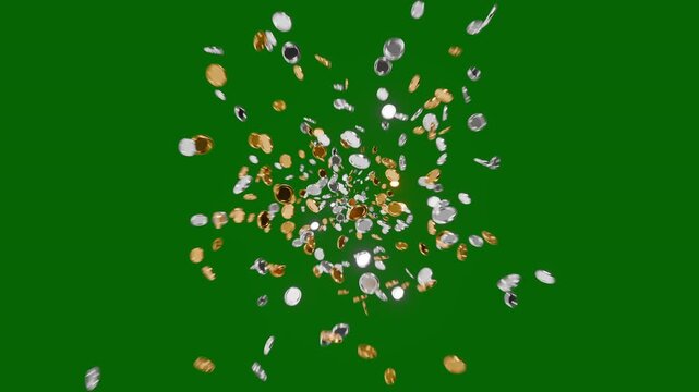 Exploding gold and silver coins transparent background with green screen and alpha matte. 3d animation in 4k quality for compositing.	