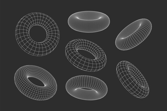 Abstract 3D torus geometry wireframe set. Blue and white vector grid rings on dark background. Mathematical mesh shapes for futuristic tech design, science and digital projects.
