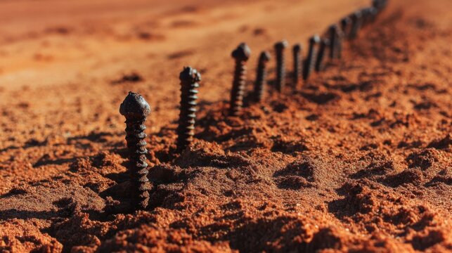 A line of rusty iron screws and nails partially buried in the textured earth.