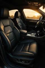 Detail of a car's black leather interior, including the seats, dashboard, and steering wheel, bathed in the warm light of a setting sun. Showcases luxury and comfort.
