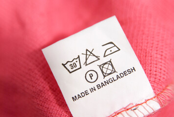 Close up of a label in a garment made in Bangladesh