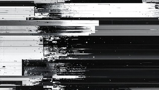 digital glitch, distortion, fragmented, abstract, horizontal lines, black tones, white tones, gray tones, corrupted file, malfunction, error, disruption, chaos, aesthetic, modern art, visual noise, st