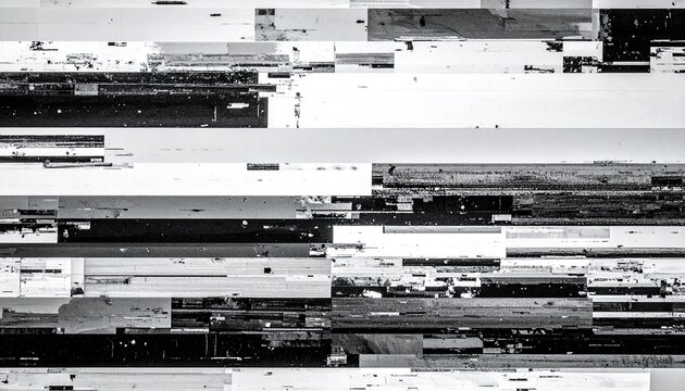 digital glitch, distortion, fragmented, abstract, horizontal lines, black tones, white tones, gray tones, corrupted file, malfunction, error, disruption, chaos, aesthetic, modern art, visual noise, st