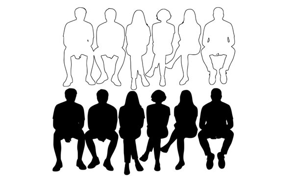 Group of people sitting in row of chairs in outline and solid silhouette styles for waiting room, audience seating, seminar panel, job interview queue and public gathering concept