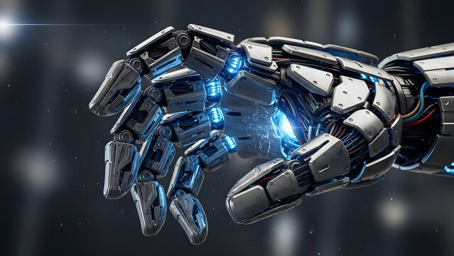 Futuristic Robotic Hand with Blue Energy Glowing