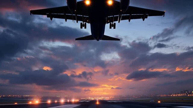 Airplane takes off into a colorful sunset sky, showcasing a blend of clouds and vibrant colors over the busy airport runway