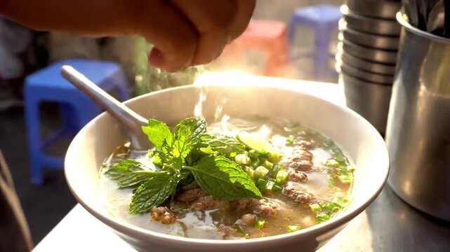 Close-up of hands adding fresh herbs to a steaming bowl of traditional Vietnamese pho noodle soup, a popular street food dish.