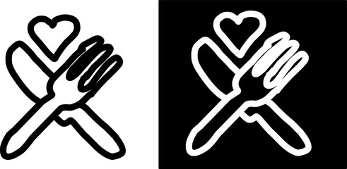 Fototapeta premium Minimal black and white fork and spoon icon with heart, positive and negative versions symbolizing food love, dining, care, and hospitality.