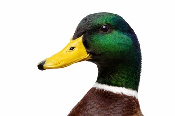 Obraz premium Mallard duck head close up portrait with crisp bill texture water droplets and wide copy space high key studio isolated on white