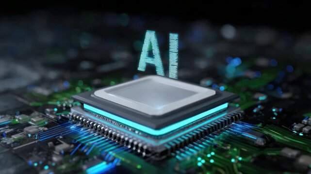 AI chip: The image showcases a close-up of a central processing unit (CPU) chip, bathed in blue light, with the letters AI superimposed.