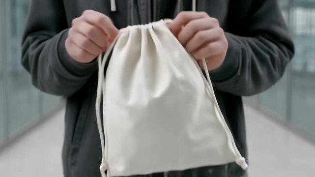 Person holds a small beige drawstring bag in a modern indoor setting during daytime