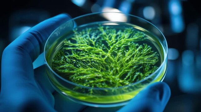 Bright green algae growth observed in petri dish during laboratory experiment with blue lighting