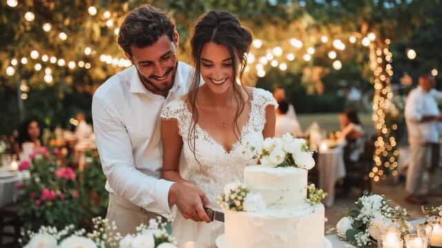Couple enjoys a lovely outdoor wedding cake cutting under string lights in a beautiful garden setting