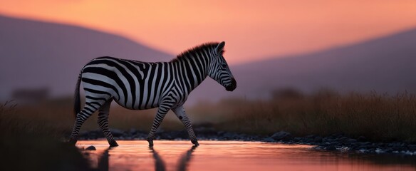 Naklejka premium serene zebra wades gently through a tranquil stream bathed in sunset glow