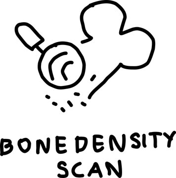 Hand drawn bone density scan icon showing magnifier and bone, simple black line art illustration representing osteoporosis screening, diagnostics, and healthcare.