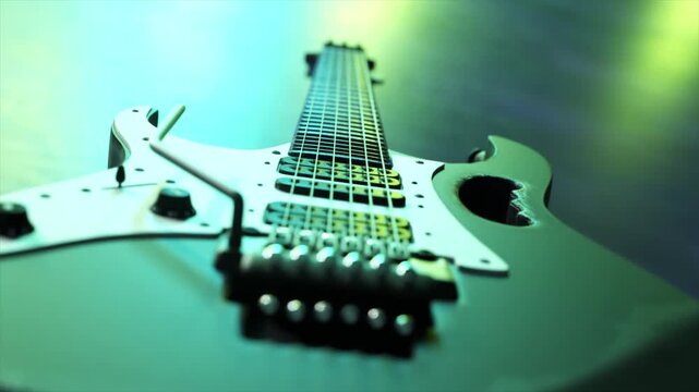 Dramatic low-angle view of a shiny electric guitar with strings, frets, and pickups illuminated by colorful, shifting stage lights, perfect for music videos, concert visuals, or rock concepts