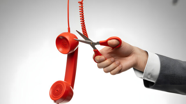 Person cutting red telephone cord with scissors symbolizing disconnection and isolation