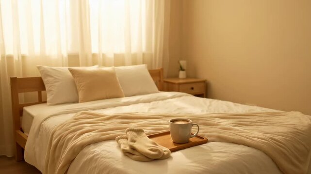 A cozy bedroom with a neatly made bed, soft beige bedding, and a wooden nightstand. A cup of coffee sits on a tray beside the bed, with natural light streaming in.