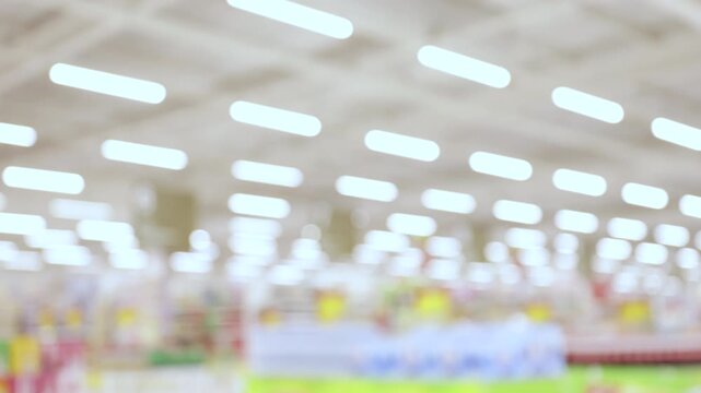 Blurred supermarket interior with bright lights and soft focus shelves, conveying retail atmosphere and shopping environment