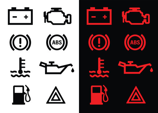 Red and black car dashboard warning signs flat icon, set such as low battery, engine problem, pulled up handbrake, engine overheating and out of fuel, vector eps 10.
