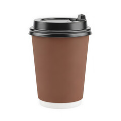 A brown paper coffee cup with a black plastic lid and sleeve for insulation. isolated on transparent background