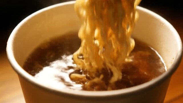 Close-up of instant ramen noodles being lifted with chopsticks from a cup.